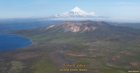 Fisher Caldera, Unimak Island, Alaska with Shishaldin & Isanotski in background