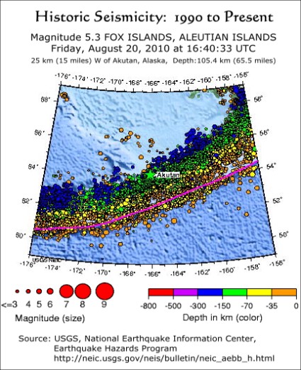 Historic Seismicity, 1990 to August 2010 for Akutan, Alaska area