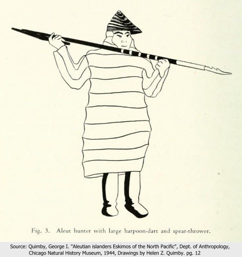Aleut man with throwing board and spear