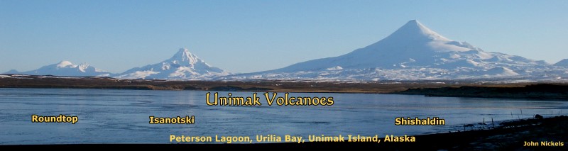 Roundtop, Isanotski & Shishaldin Volcanoes, Unimak Island, from Peterson Lagoon