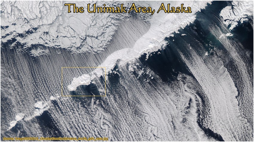 Unimak Area, Alaska:  Winter cloud streams seen from space