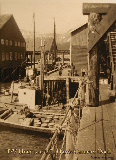 F/V Uranus at P.E. Harris cannery dock, 1930s